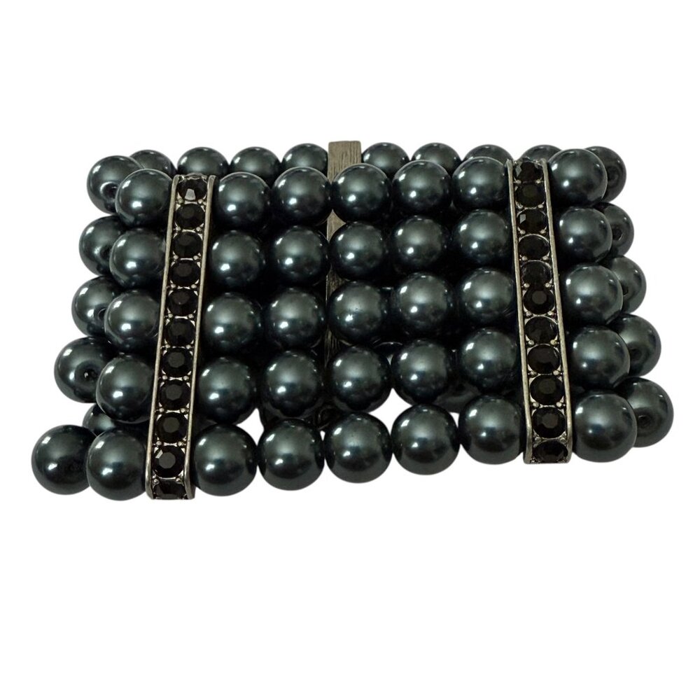 Cabi Heritage Black Pearl Bracelet Silver Tone Rhinestone Blue Gray 5 Strand - Picture 8 of 11